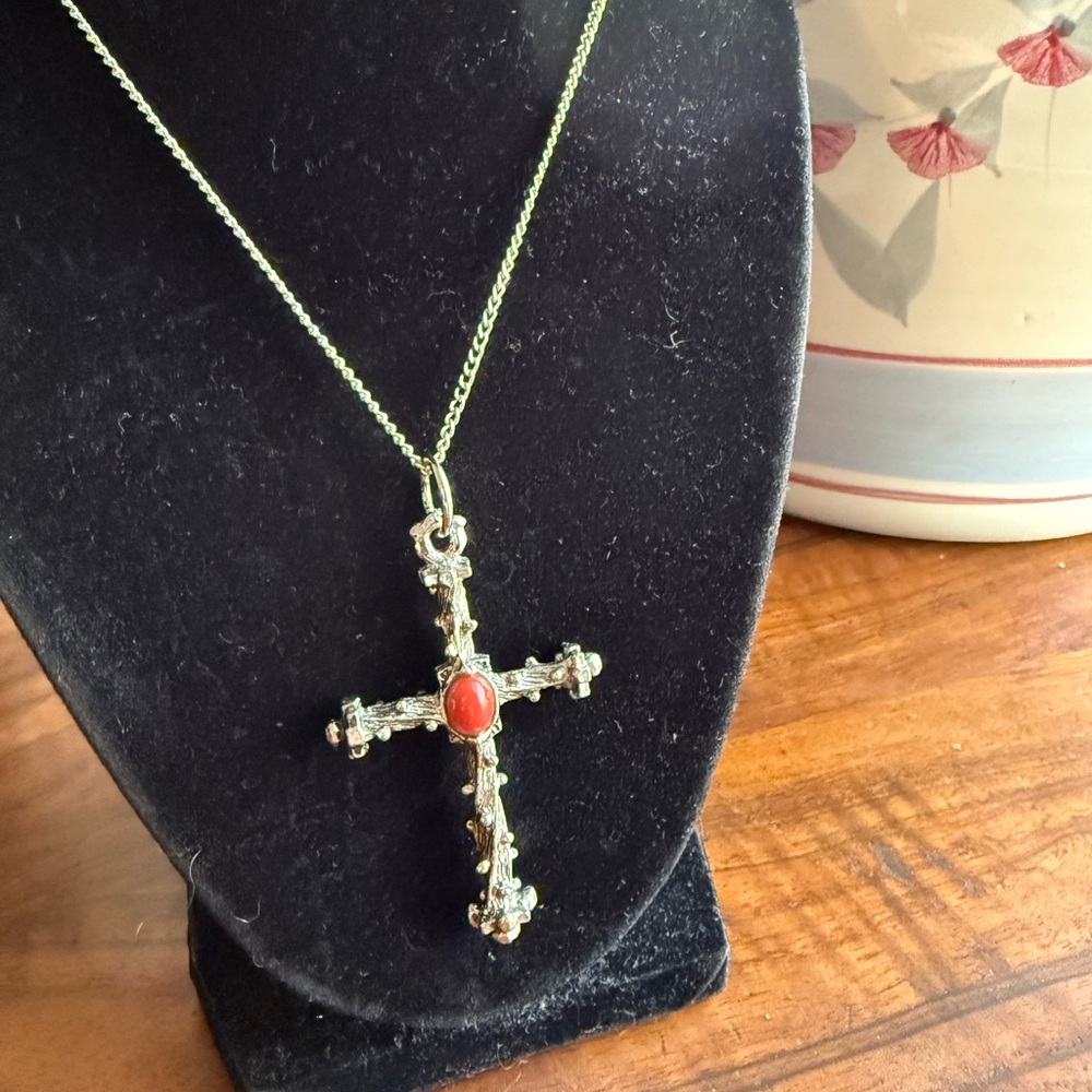 Elegant Silver Cross Necklace with Coral Accent